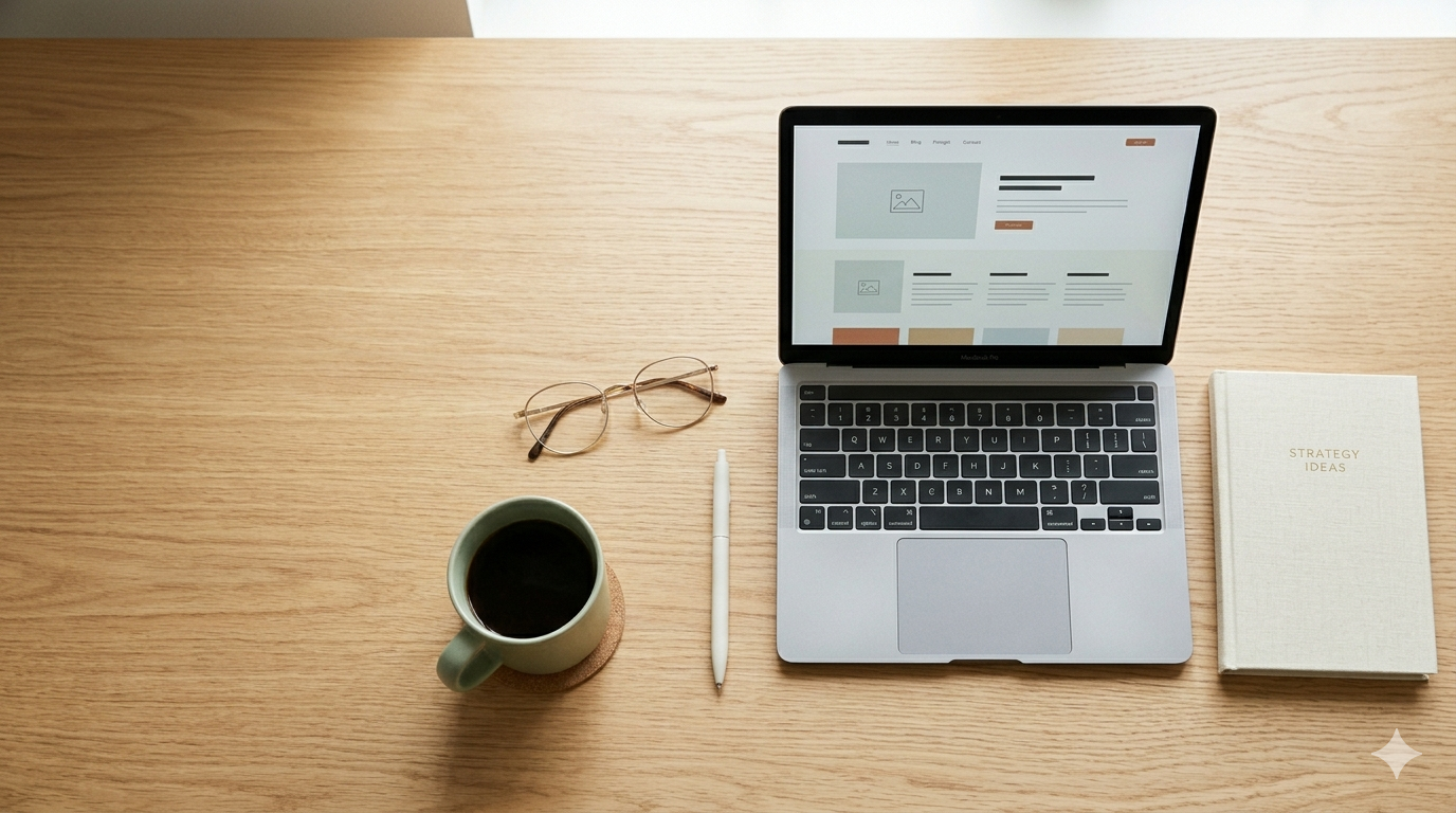 Schreibtisch mit Laptop und Kaffee